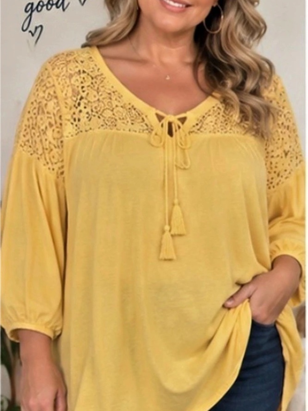 CHAPS Women’s 3X Sunshine Yellow Lace Yoke Oversized Tunic Top
